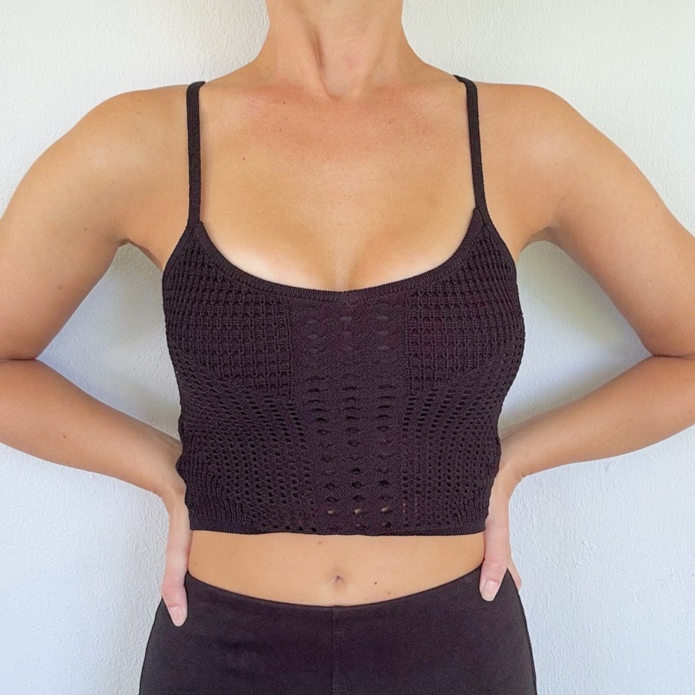 Rachel Zoe black crochet knit spaghetti strap crop top size XS